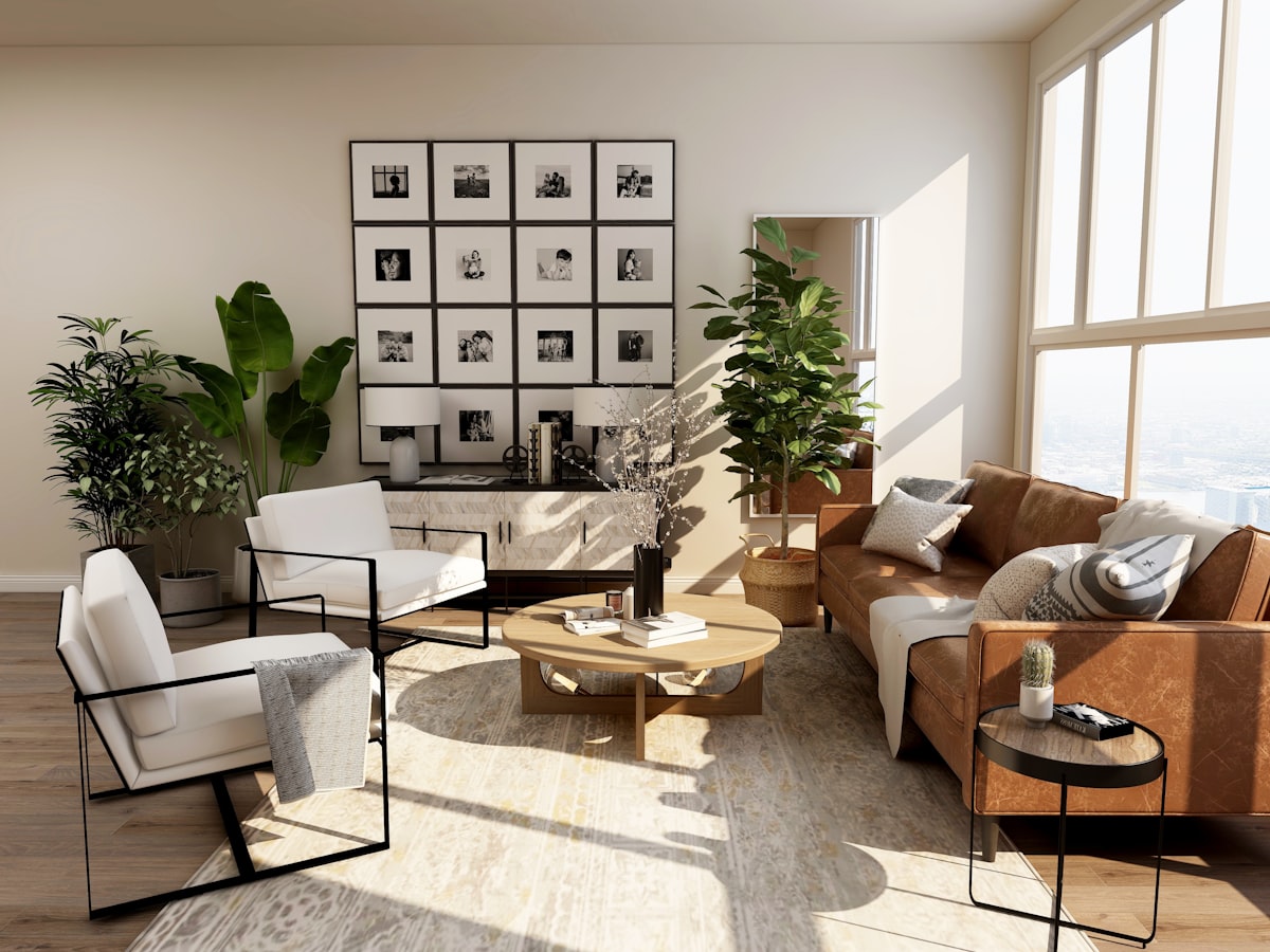 Abstract minimalist art piece with brown and beige organic shapes, modern gallery setting with white walls, natural daylight illuminating textures, no human presence